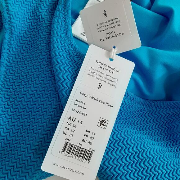 Seafolly Australia Deep V Neck One Piece Swimsuit Blue Backless Womens 10 NWT - Picture 11 of 15